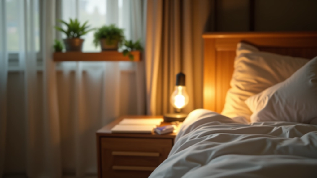 Bedroom with book on nightstand, phone in drawer, soft warm lighting, calm relaxing environment