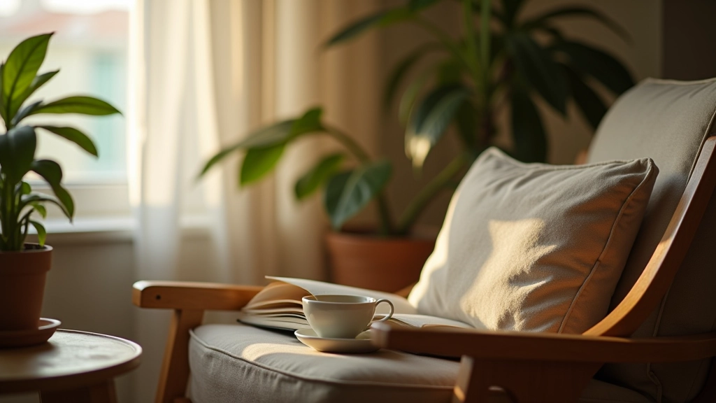 Person relaxing in comfortable chair with book and warm beverage