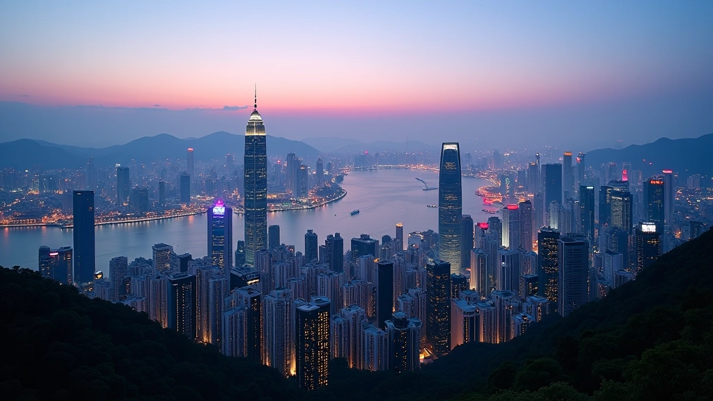Evening cityscape of Hong Kong with lights and urban landscape