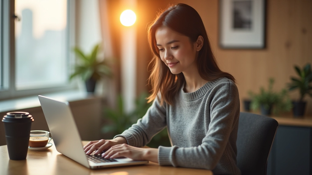 Person sitting at desk with laptop, coffee cup beside them, evening light from window, peaceful workspace